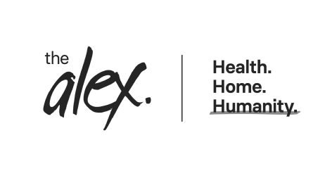 Logo featuring the words "the alex." in stylized script on the left, and "Health. Home. Humanity." in bold text on the right, with "Humanity." underlined.