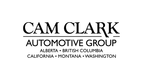 Black text on a light background reads "Cam Clark Automotive Group" with locations listed below: Alberta, British Columbia, California, Montana, Washington.