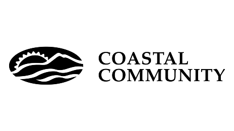 Black and white logo featuring a sun rising over mountains and waves inside an oval, with the words "Coastal Community" in bold uppercase letters to the right.