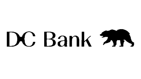 The image shows the text "DC Bank" with a silhouette of a bear walking to the right, positioned after the word "Bank" on a light background.