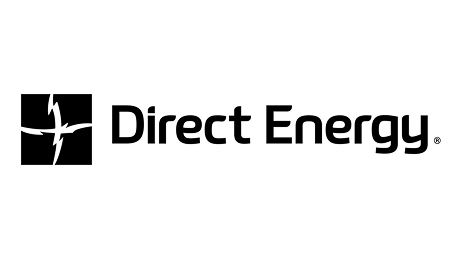 The image shows the Direct Energy logo with a black square containing a white stylized lightning bolt, next to the words "Direct Energy" in black text on a light background.