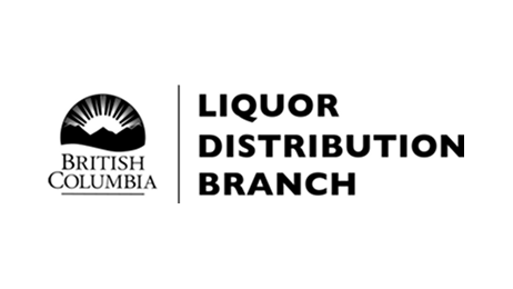 Logo with a black sun rising over mountains and the words "British Columbia" on the left, and "Liquor Distribution Branch" in bold black text on the right, separated by a vertical line.