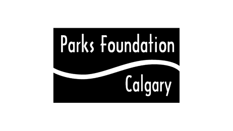 Black and white logo with the words "Parks Foundation Calgary." A wavy line runs horizontally, separating "Parks Foundation" at the top from "Calgary" at the bottom.