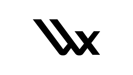 A minimalist black logo features two angled, parallel lines merging into a stylized "W" and "X" on a light gray background.