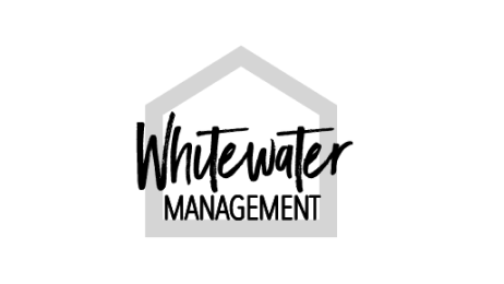 Logo for Whitewater Management featuring the words "Whitewater" in a bold, handwritten script and "MANAGEMENT" in uppercase beneath it, overlaid on a simple, gray house outline.
