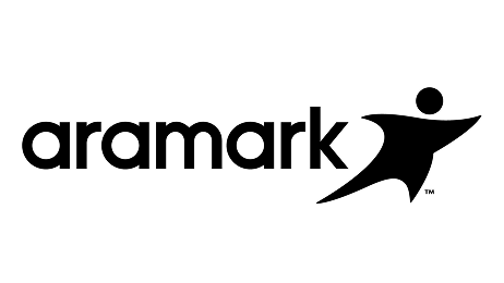 Aramark logo featuring the word "aramark" in lowercase black letters, with a stylized black human figure leaping to the right next to the text.