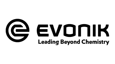 The Evonik logo features a stylized "E" in a circular design next to the word "EVONIK." Below, the tagline reads "Leading Beyond Chemistry." The text and symbol are black on a white background.