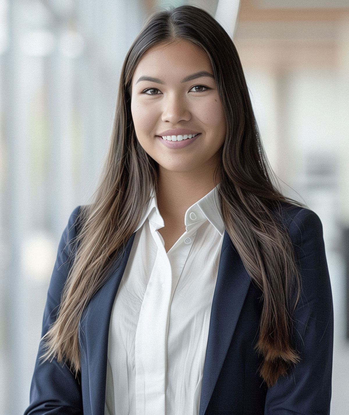 A young woman with long brown hair wearing a white button-down shirt and a navy blazer smiles confidently while standing in a bright, modern indoor setting.