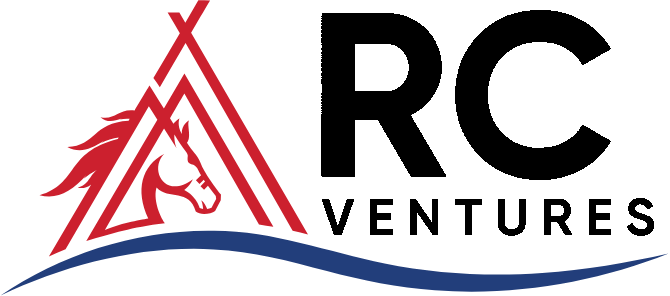 Logo of RC Ventures featuring a stylized red horse head inside a triangular design, with "RC" in large black letters and "VENTURES" below, and a blue curved line underneath.